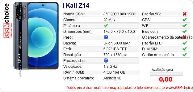 I Kall Z14 Especificações técnicas do telemóvel 