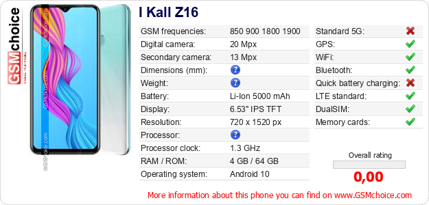 I Kall Z16 technical specifications I Kall Z16 technical specifications