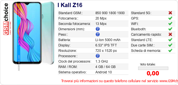 I Kall Z16 Dati tecnici di telefono cellulare 