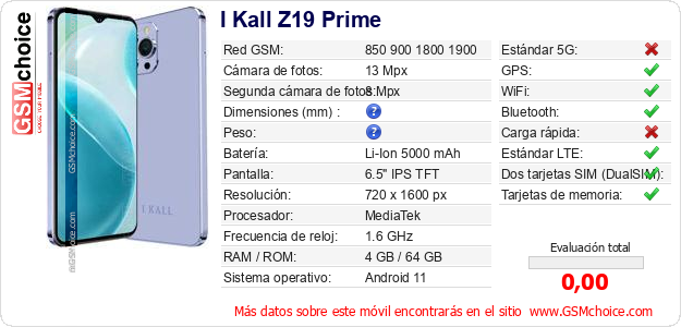 I Kall Z19 Prime Datos técnicos del móvil 