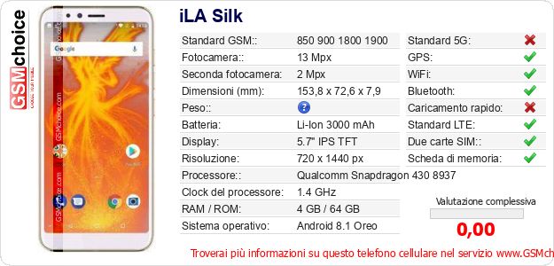 iLA Silk Dati tecnici di telefono cellulare iLA Silk Dati tecnici di telefono cellulare