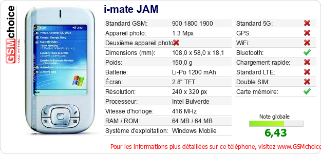 i-mate JAM Fiche technique i-mate JAM Fiche technique