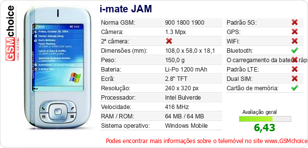 i-mate JAM Especificações técnicas do telemóvel 