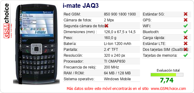 i-mate JAQ3 Datos técnicos del móvil i-mate JAQ3 Datos técnicos del móvil