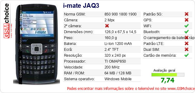 i-mate JAQ3 Especificações técnicas do telemóvel i-mate JAQ3 Especificações técnicas do telemóvel