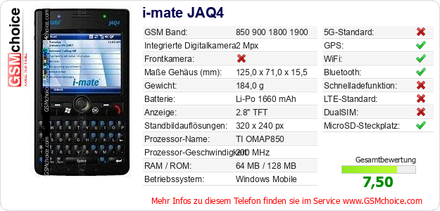 i-mate JAQ4 technische Daten i-mate JAQ4 technische Daten