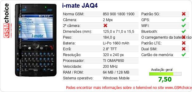 i-mate JAQ4 Especificações técnicas do telemóvel 