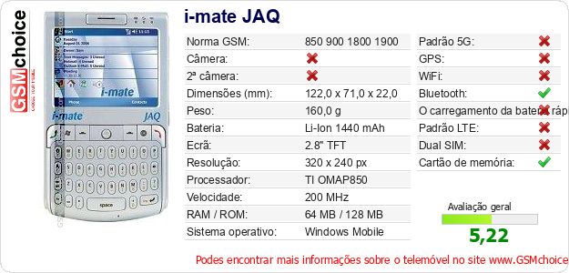 i-mate JAQ Especificações técnicas do telemóvel 