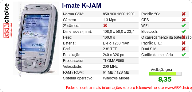 i-mate K-JAM Especificações técnicas do telemóvel i-mate K-JAM Especificações técnicas do telemóvel