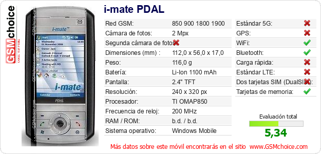 i-mate PDAL Datos técnicos del móvil 