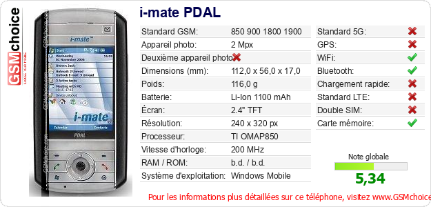 i-mate PDAL Fiche technique