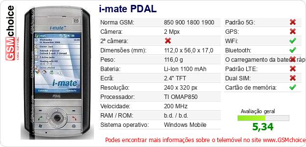 i-mate PDAL Especificações técnicas do telemóvel 