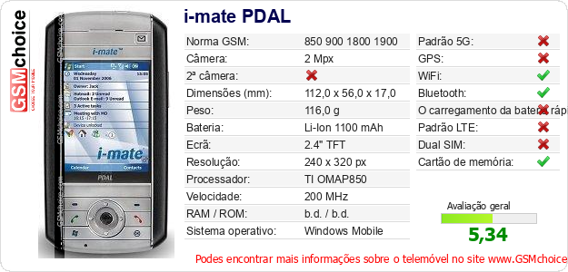 i-mate PDAL Especificações técnicas do telemóvel 