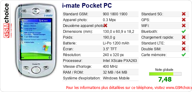 i-mate Pocket PC Fiche technique