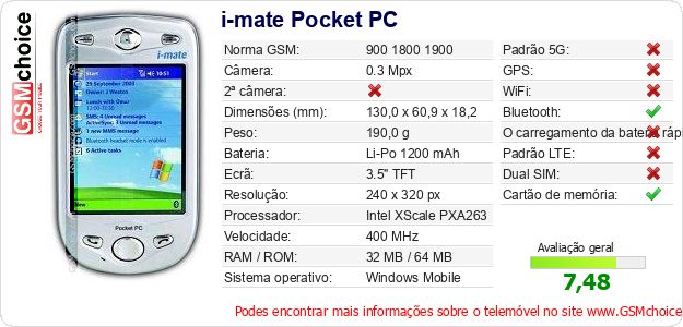 i-mate Pocket PC Especificações técnicas do telemóvel i-mate Pocket PC Especificações técnicas do telemóvel
