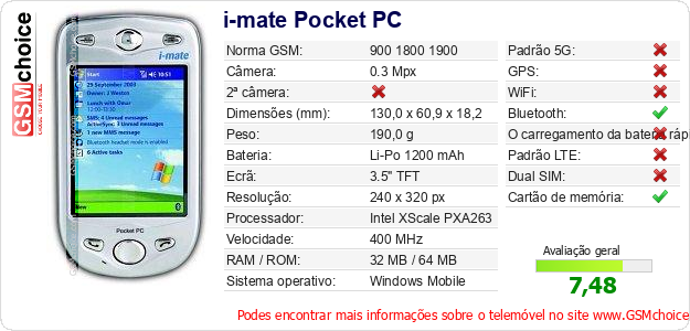 i-mate Pocket PC Especificações técnicas do telemóvel i-mate Pocket PC Especificações técnicas do telemóvel