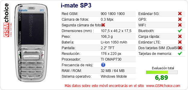 i-mate SP3 Datos técnicos del móvil i-mate SP3 Datos técnicos del móvil