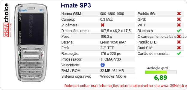 i-mate SP3 Especificações técnicas do telemóvel i-mate SP3 Especificações técnicas do telemóvel