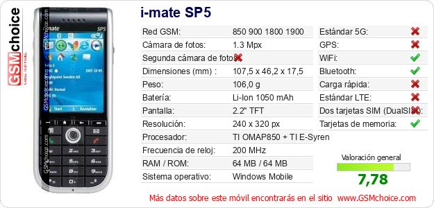 i-mate SP5 Datos técnicos del móvil i-mate SP5 Datos técnicos del móvil