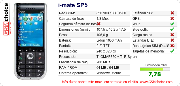 i-mate SP5 Datos técnicos del móvil i-mate SP5 Datos técnicos del móvil