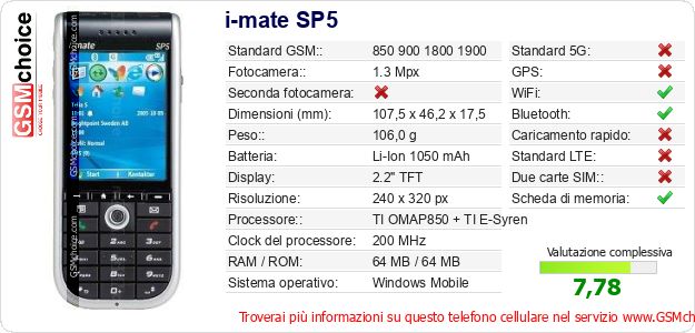 i-mate SP5 Dati tecnici di telefono cellulare i-mate SP5 Dati tecnici di telefono cellulare