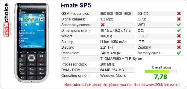i-mate SP5 手机技术数据