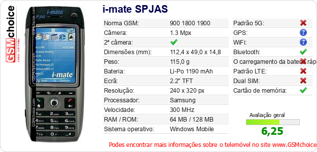 i-mate SPJAS Especificações técnicas do telemóvel i-mate SPJAS Especificações técnicas do telemóvel