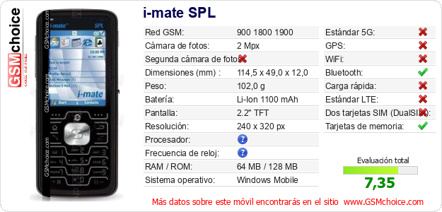 i-mate SPL Datos técnicos del móvil 