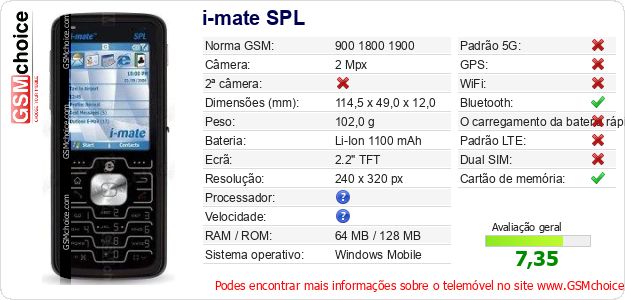 i-mate SPL Especificações técnicas do telemóvel i-mate SPL Especificações técnicas do telemóvel