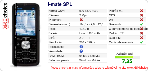i-mate SPL Especificações técnicas do telemóvel 