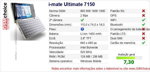 i-mate Ultimate 7150 Especificações técnicas do telemóvel i-mate Ultimate 7150 Especificações técnicas do telemóvel