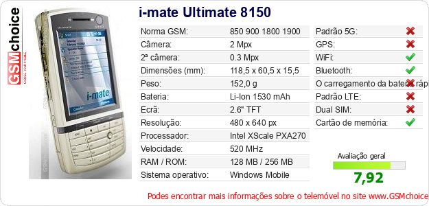 i-mate Ultimate 8150 Especificações técnicas do telemóvel i-mate Ultimate 8150 Especificações técnicas do telemóvel