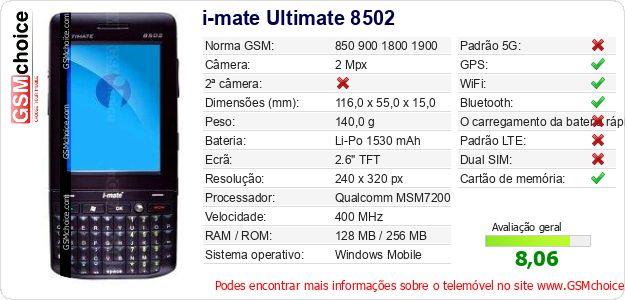i-mate Ultimate 8502 Especificações técnicas do telemóvel i-mate Ultimate 8502 Especificações técnicas do telemóvel