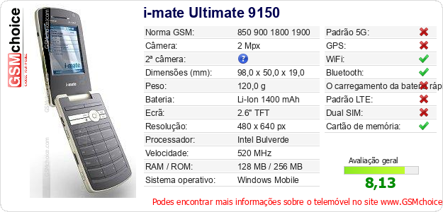 i-mate Ultimate 9150 Especificações técnicas do telemóvel i-mate Ultimate 9150 Especificações técnicas do telemóvel