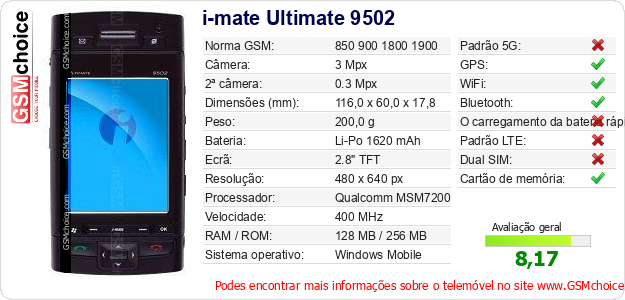 i-mate Ultimate 9502 Especificações técnicas do telemóvel i-mate Ultimate 9502 Especificações técnicas do telemóvel