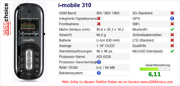 i-mobile 310 technische Daten i-mobile 310 technische Daten