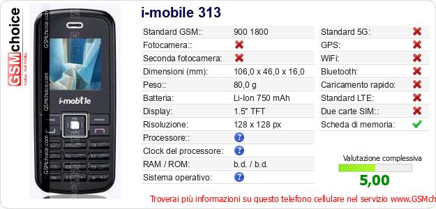 i-mobile 313 Dati tecnici di telefono cellulare i-mobile 313 Dati tecnici di telefono cellulare