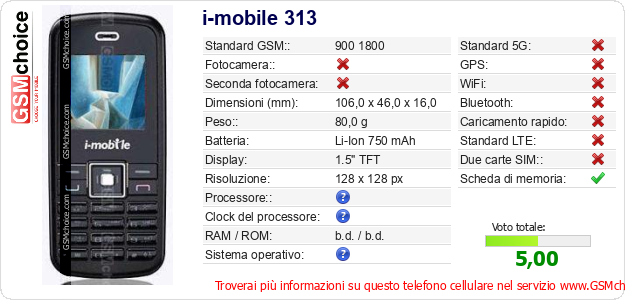 i-mobile 313 Dati tecnici di telefono cellulare i-mobile 313 Dati tecnici di telefono cellulare