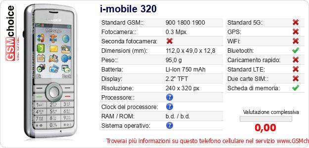 i-mobile 320 Dati tecnici di telefono cellulare i-mobile 320 Dati tecnici di telefono cellulare