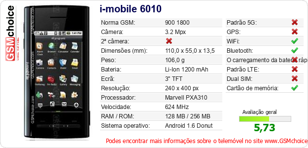 i-mobile 6010 Especificações técnicas do telemóvel 