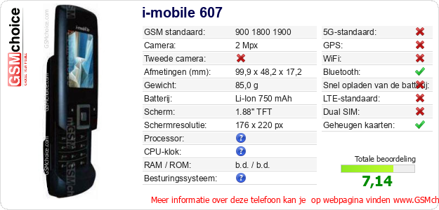i-mobile 607 Technische gegevens 