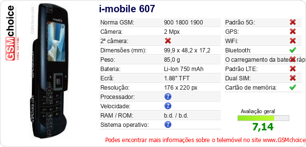 i-mobile 607 Especificações técnicas do telemóvel 