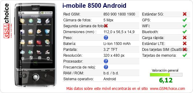 i-mobile 8500 Android Datos técnicos del móvil i-mobile 8500 Android Datos técnicos del móvil