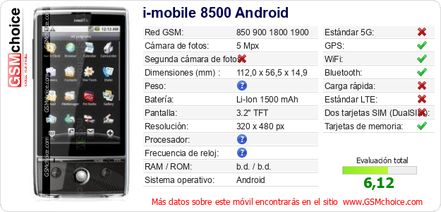 i-mobile 8500 Android Datos técnicos del móvil 