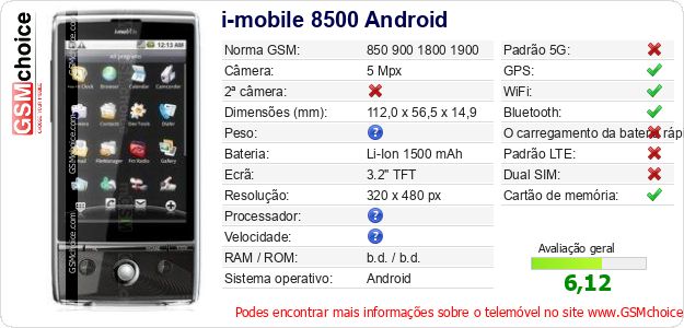 i-mobile 8500 Android Especificações técnicas do telemóvel i-mobile 8500 Android Especificações técnicas do telemóvel