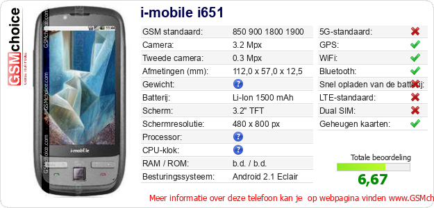 i-mobile i651 Technische gegevens 