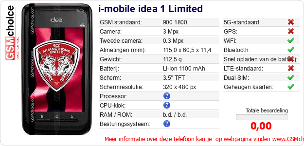 i-mobile idea 1 Limited Technische gegevens 