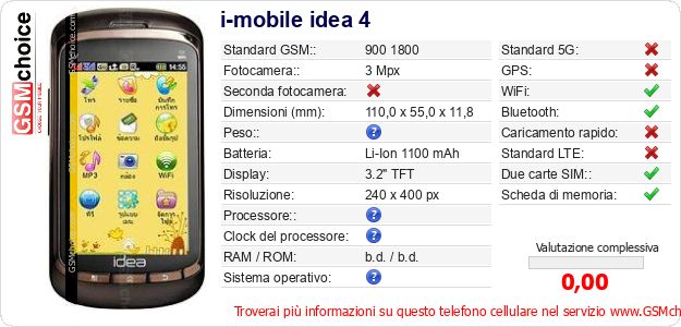 i-mobile idea 4 Dati tecnici di telefono cellulare i-mobile idea 4 Dati tecnici di telefono cellulare