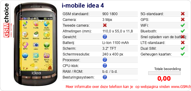 i-mobile idea 4 Technische gegevens 