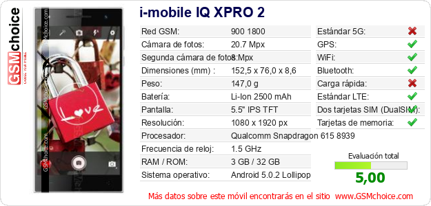 i-mobile IQ XPRO 2 Datos técnicos del móvil i-mobile IQ XPRO 2 Datos técnicos del móvil